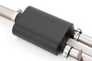 Chevrolet Silverado 1500 Performance Exhaust - Rear - Rough Country - Dual Cat-Back, Stainless, RC Logo Tips - Black - '19-'24